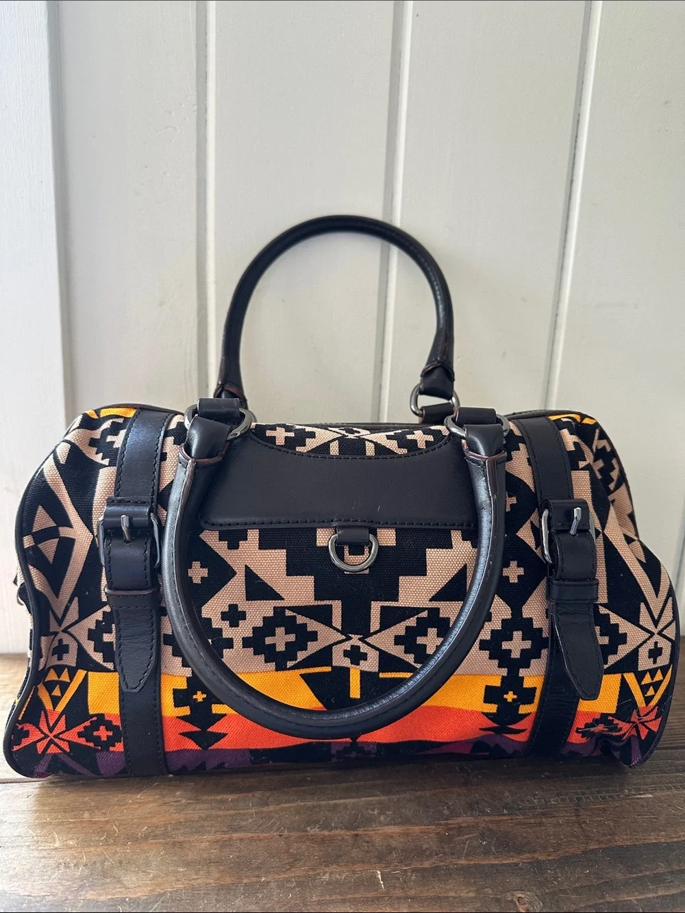 L.A.M.B. Black Satchel with Beige, Orange, Red & Purple Aztec Print